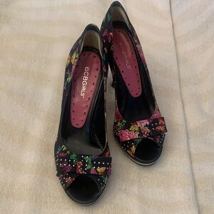 BCBGirls Black and Pink Floral Heels